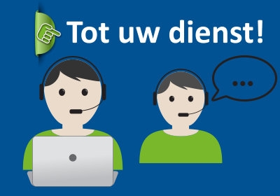 Tekst "Tot uw dienst!" 2 poppetjes 1pratend, 1 achter de laptop