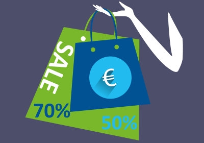 Arm met 2 tassen, sale 70% 40% euro teken.